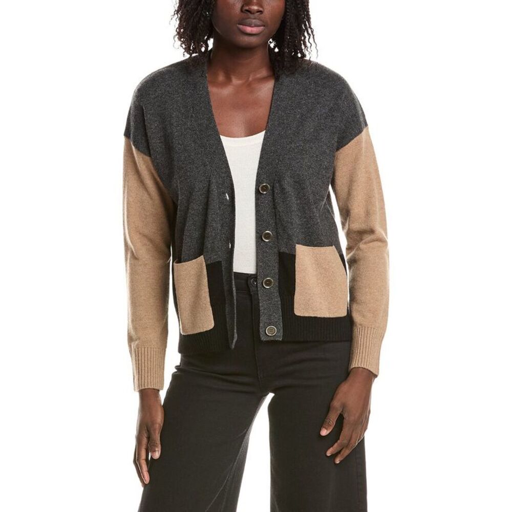 &Isla Womens Beatrice Colorblock 100% Cashmere Cardigan, Grey